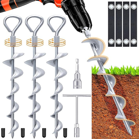 Ground Anchors Screw in 15 Inch, 4Pack Tent Stakes Heavy Duty with T-Handle Hex Wrench and Power Nut Driver