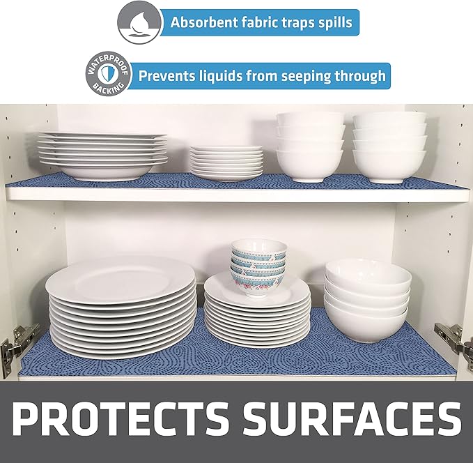 Drymate Premium Luxury Shelf & Drawer Liner, Thick Cushioned Fabric, Non-Adhesive, Absorbent, Waterproof, Slip-Resistant, Liners for Kitchen Cabinets, Cupboards (USA Made)(12”x59”)(2-Pack)(Blue)