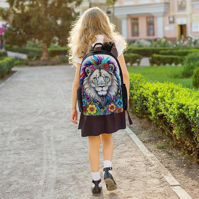 Backpack Polyester Multipurpose Anti-Theft Colorful Lion Of King Flowers Floral Shoulder Bag Big Capacity Gym Outdoor Hiking Backpack With Padded Straps