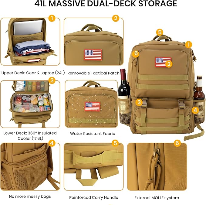 Tactical Cooler Backpack for Men, 41L Insulated Leakproof Lunch Backpack with 16” Laptop Compartment, Heavy Duty Double Deck Soft Cooler Bag for Work, Fishing, Camping, Hiking – Coyote Tan