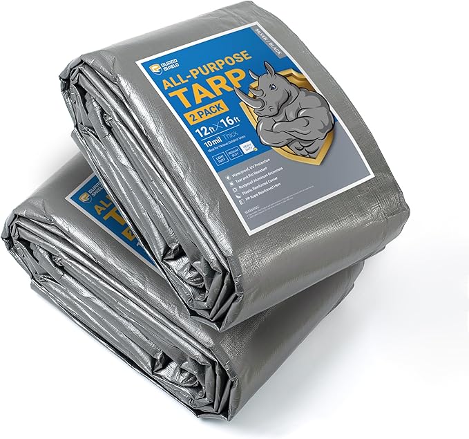 GUARD SHIELD Tarps Heavy Duty Waterproof 12x16 Feet Silver/Black Poly Tarp Cover Outdoor Thick UV Resistant Tarpaulin with Grommets 10mil (2-Pack)