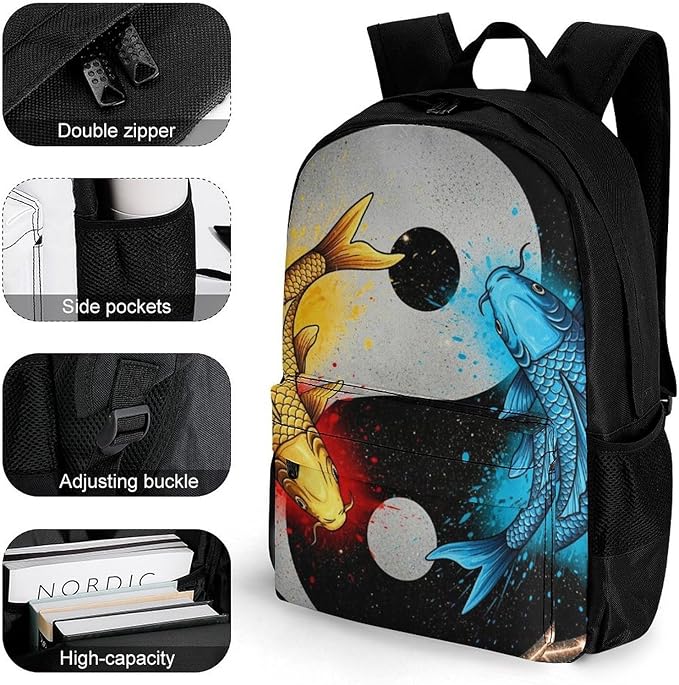 Men Women Lightweight Space Koifish Fish Yin Yang Backpack Large Capacity Carry On Bag With Padded Straps for Sports Work Walking Cycling
