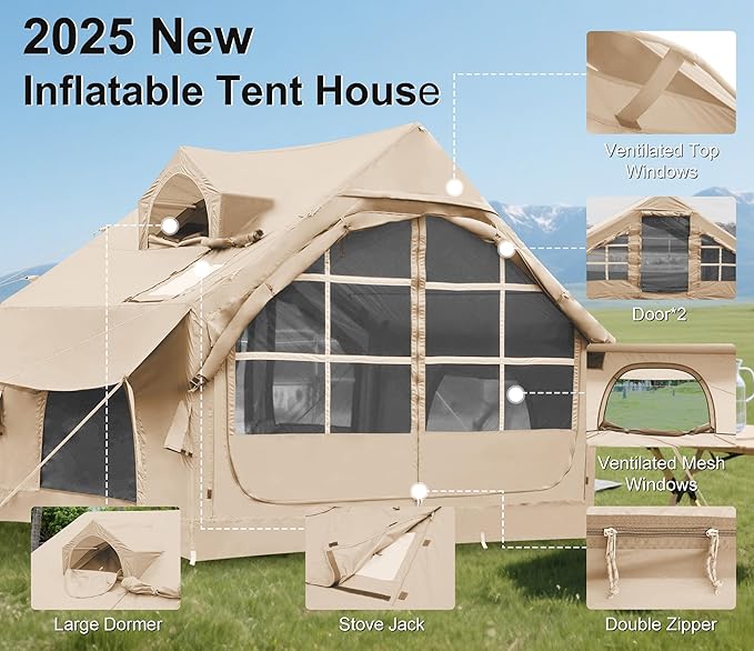 Inflatable Tents for Camping with Stove Jack, 2/4/6/8 Person Easy Setup Blow Up Tents for 4 Seasons Waterproof Inflatable Camping Tent with Awning, Air House Glamping Tents for Camping Adult