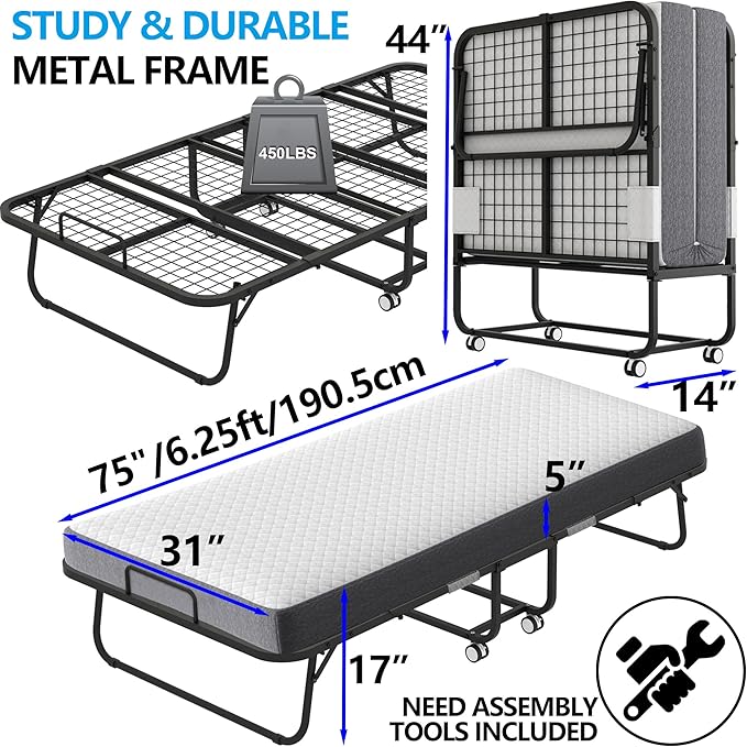 Folding Bed with Mattress 75" x 31" for Adults Single Cot Size Rollaway Foldable Extra Guest Bed with 5" Memory Foam Mattress for Home School College Student Dorm Lab Office Hospital Hotel Truck RV