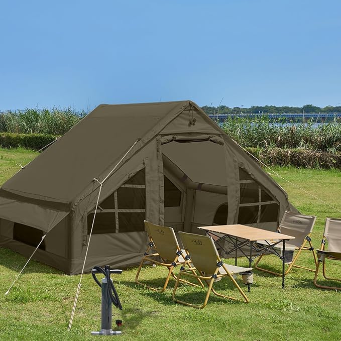 Inflatable Tents for Camping with Stove Jack, 2/4/6/8 Person Easy Setup Blow Up Tents for 4 Seasons Waterproof Inflatable Camping Tent with Awning, Air House Glamping Tents for Camping Adult