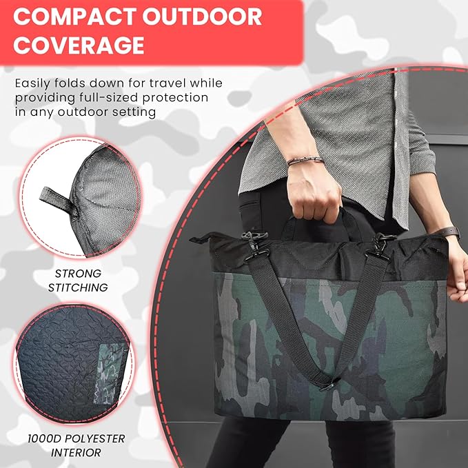 Outdoor Packable Camo Blanket - 1000D Polyester Interior & RIPSTOP Fabric Exterior Blanket with Adjustable & Removable Carrying Strap - Front, Back Storage Pocket - Ideal for Camping & Outdoor Use
