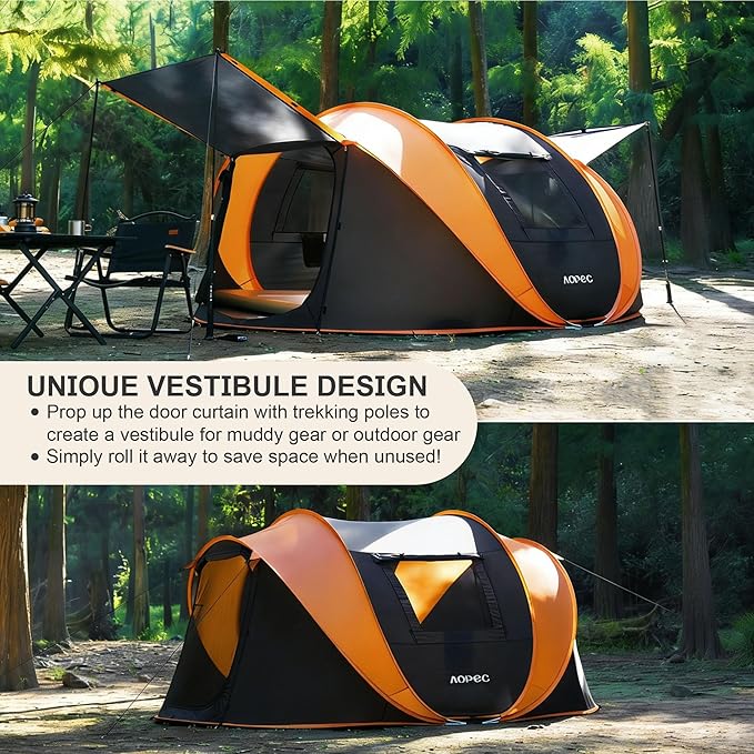 Pop Up Camping Tent, 2/4/6 Person Instant Tent Waterproof PU4500mm, Spacious Ventilated Camping Tent with Front Porch, Quick Setup Lightweight Portable for Outdoor Camping Hiking Beach