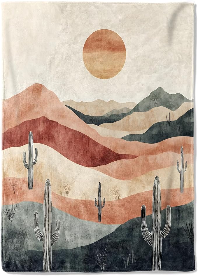 Vintage Desert Sunset Fleece Blanket - 60x80in Cacti Sun Retro Southwestern Throw Blankets,Soft Cozy Lightweight, Ideal for Living Room Home Rustic Decor and Kids Women Girls Spring Gifts