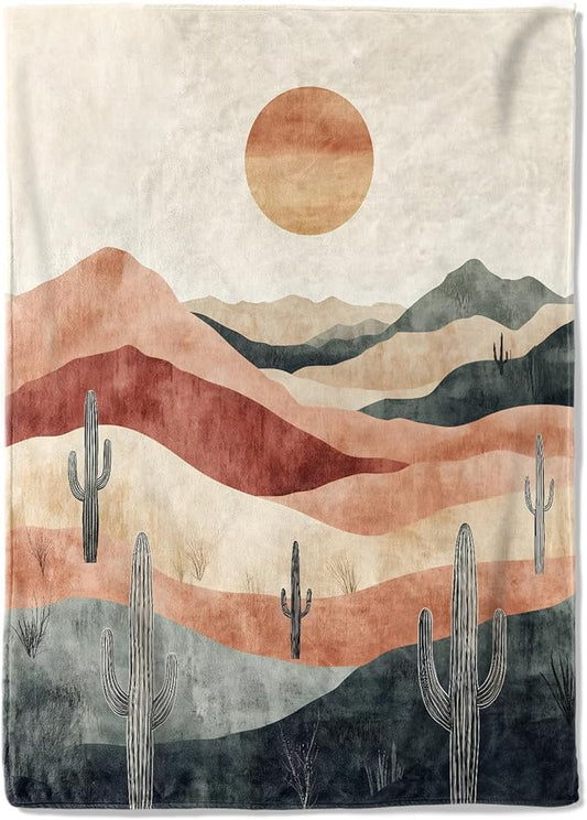 Vintage Desert Sunset Fleece Blanket - 60x80in Cacti Sun Retro Southwestern Throw Blankets,Soft Cozy Lightweight, Ideal for Living Room Home Rustic Decor and Kids Women Girls Spring Gifts