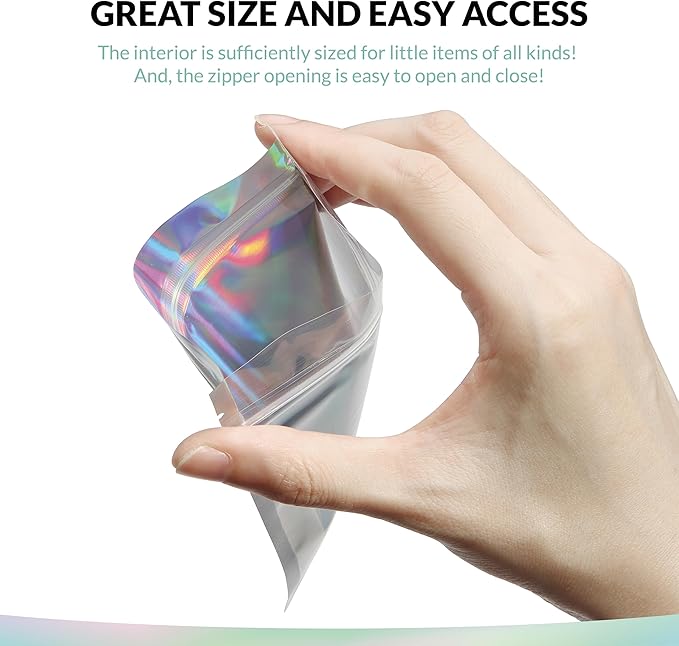 Mylar Bags with Zipper Seal 4 x 6" | 100 Bags | Rainbow Holographic | Sealable Heat Seal Bags for Candy and Food Packaging, Medications and Vitamins | For Liquid and Solids (4" x 6")