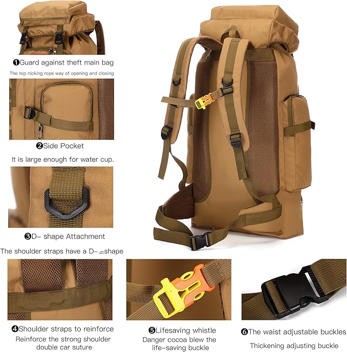 King'sGuard 70L Camping Hiking Backpack for Men Women Large Military Tactical Backpack Molle Rucksack Backpack for Outdoor