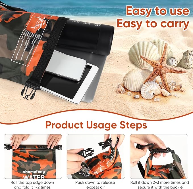 Waterproof Dry Bag 5L/10L/15L/20L/30L Roll Top Dry Storage Backpack with Phone Case, Collapsible Water Bottle, Sunglasses, Ear Band for Kayaking Boating Swimming Fishing Camping, Orange 20L