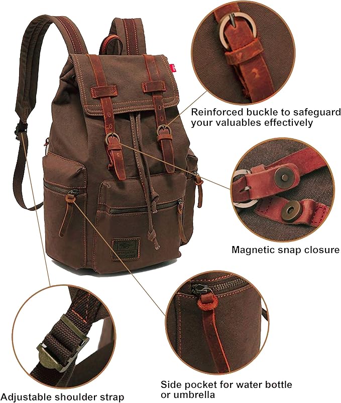 HuaChen Vintage Canvas Travel Backpack with Leather Trim, Laptop Padded Sleeve, Hidden Back Security Pocket, Fits 14-Inch, M32 Khaki
