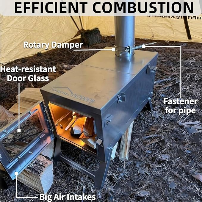DANCHEL OUTDOOR T6 Ultralight Titanium Wood Stove for Camping Backpacking, 4.4lbs Folding Hot Tent Stove with 7.2ft Chimney Pipe, Easy Setup for 1 Person Winter Survival, Cooking