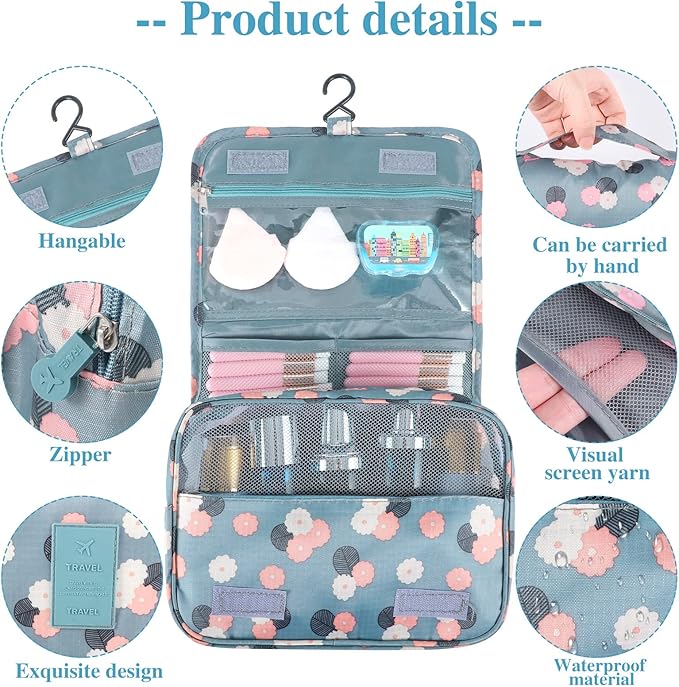 Pengxiaomei Toiletry Bag with Hook, Waterproof Hanging Cosmetic Bag Portable Travel Makeup Pouch Multifunction Handle Toiletry Bag for Women Mothers Day Gifts