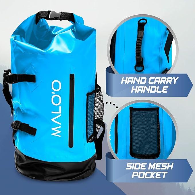 Malo'o 45L Waterproof Heavy Duty Backpack Dry Bags for Kayaking, Camping, Fishing, Hiking Daypack - Beach Accessories, Boat accessories, and Travel Gear - Fishing Rod Case Straps (Blue)