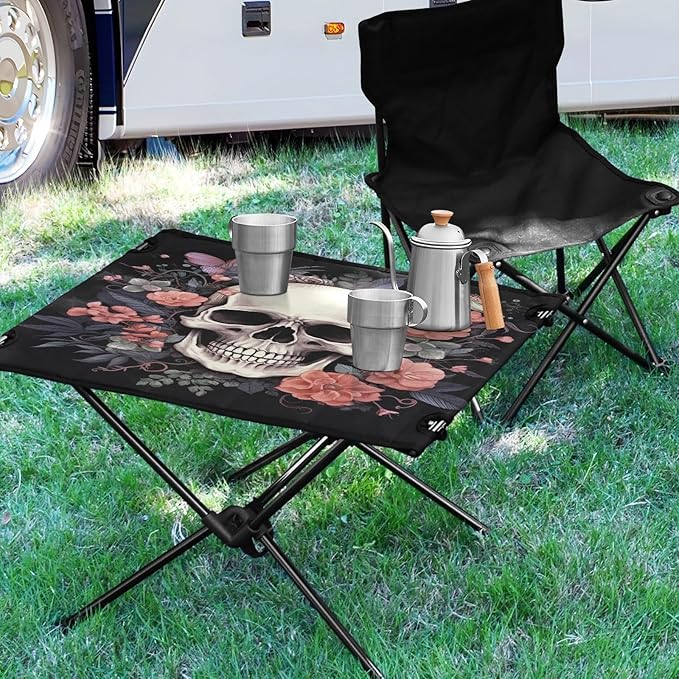 Skull Portable Folding Camping Table, Compact Lightweight Beach Table with Carrying Bag for Outdoor Picnics, BBQs, Camp