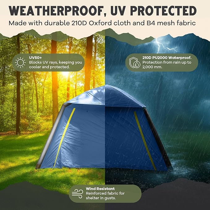 CloudCamp Inflatable Tents for Camping- 6 People Waterproof Oxford Fabric(210D), Quick Setup Air Tent with Manual & Battery Pump, UV Protection, 4-Season Inflatable Tent