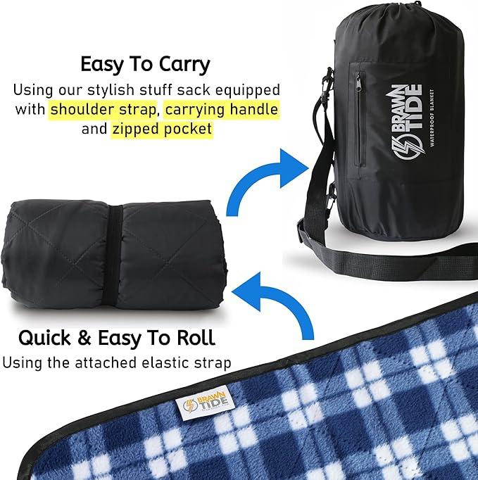 BRAWNTIDE Large Outdoor Waterproof Blanket - Extra Thick Fleece, Warm, Windproof, Sandproof, Quilted, 82" x 55", Ideal for Beaches, Picnics, Camping, Stadiums, Dogs, Car