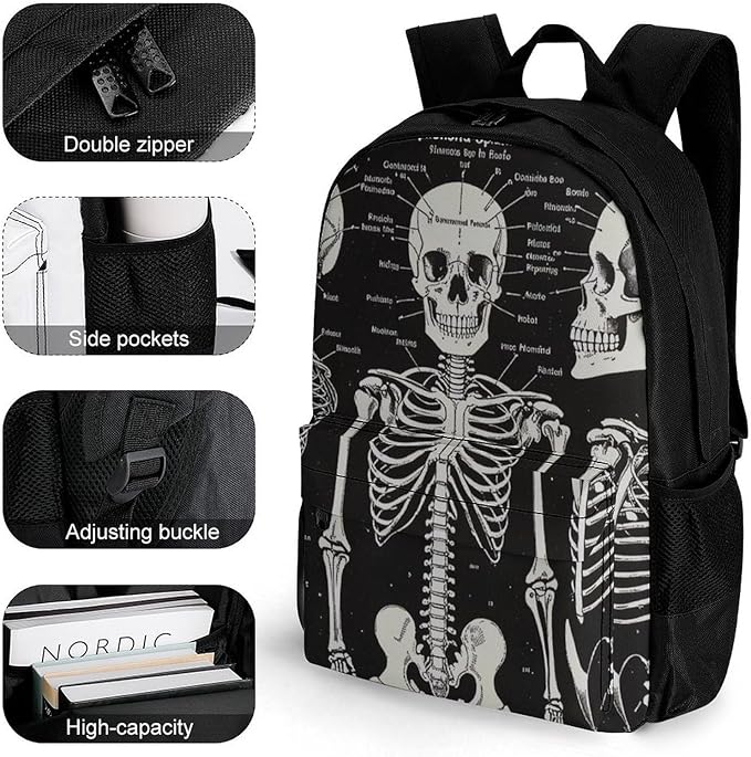 Lightweight Backpack for Gym Travel Bicycle, Big Capacity Multipurpose Anti-Theft Carry On Bag, Dark Skeleton Anatomy Skull Black Travel Hiking Bag Day Pack