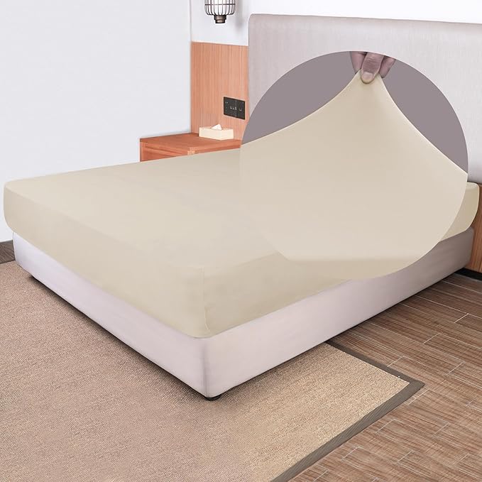 Soft Stretch Twin Fitted Sheet Only - Jersey Knit & Cozy T-Shirt Like, 4-Way Stretchy Snug Fit & Wrinkle Free, No More Slipping Mattress Sheets - Creamy Beige, Twin