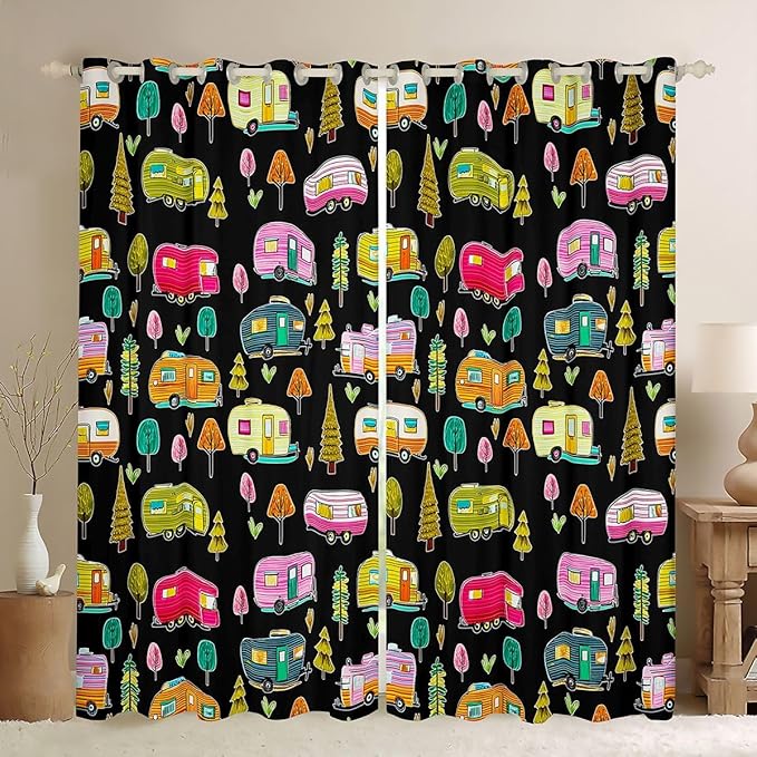 Feelyou Black Camper Camping Curtains for Bedroom Living Room RV Travel Trailer Blackout Shades Camping Theme Room Darkening Curtain Window Treatments, 2 Panels 42 x 63 Inch Decor