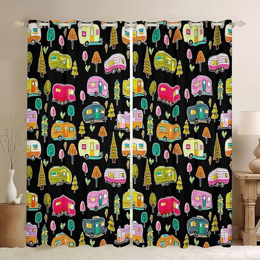 Feelyou Black Camper Camping Curtains for Bedroom Living Room RV Travel Trailer Blackout Shades Camping Theme Room Darkening Curtain Window Treatments, 2 Panels 42 x 84 Inch Decor