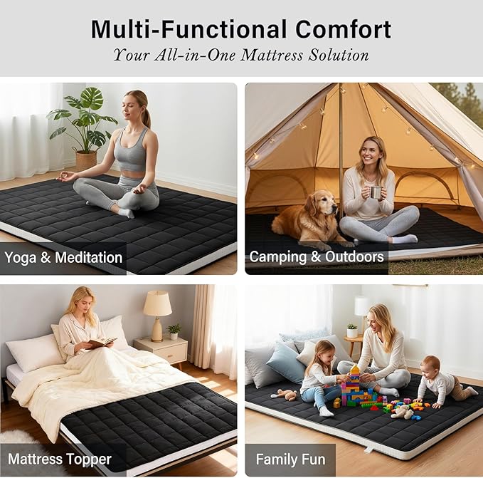 Tiita Japanese Floor Mattress, 4” Thicken Futon Mattress with Storage Bag and 2 Straps, Full Size Sleeping Tatami Mat for Adults，Black