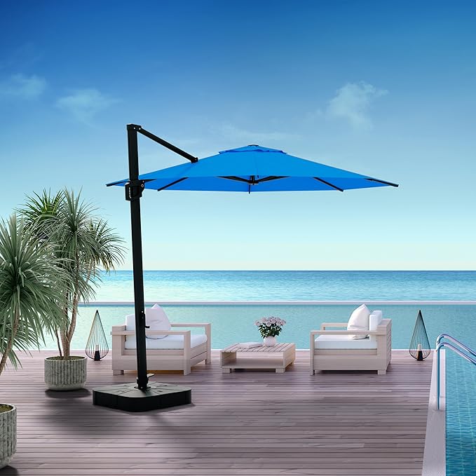 Midtown Umbrellas 10 Ft Outdoor Cantilever Patio Umbrella w/Terylast Cobalt Blue Fabric - Rotate Tilt 360° Offset Patio Umbrella, Deck Patio Umbrella, Backyard Umbrella & Garden Umbrella - Black Frame
