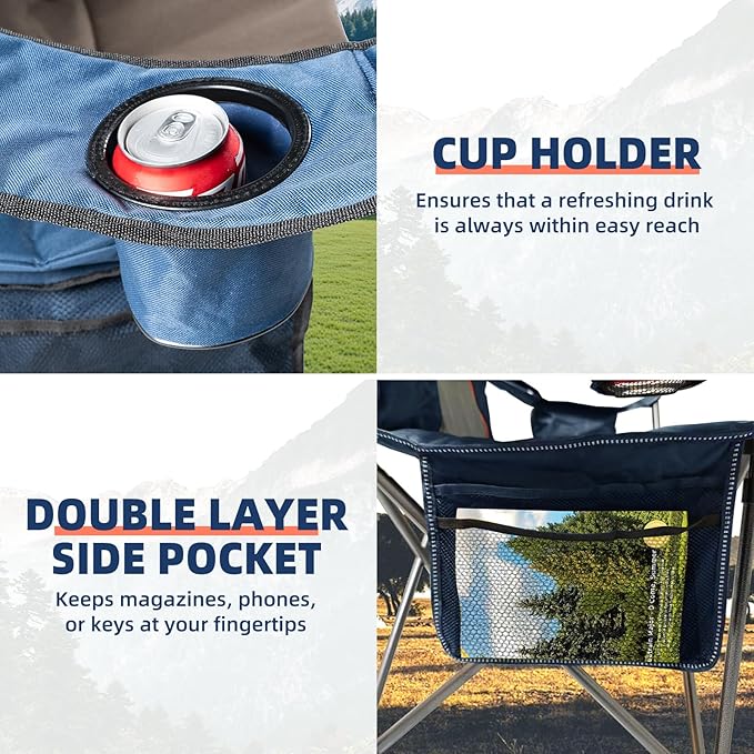 2 Pack Folding Camping Chairs for Adults - High Back Padded Portable Outdoor Lawn Chairs 400lbs Capacity, Adjustable Armrests - Lightweight Camp Chairs Set (Blue & Brown)