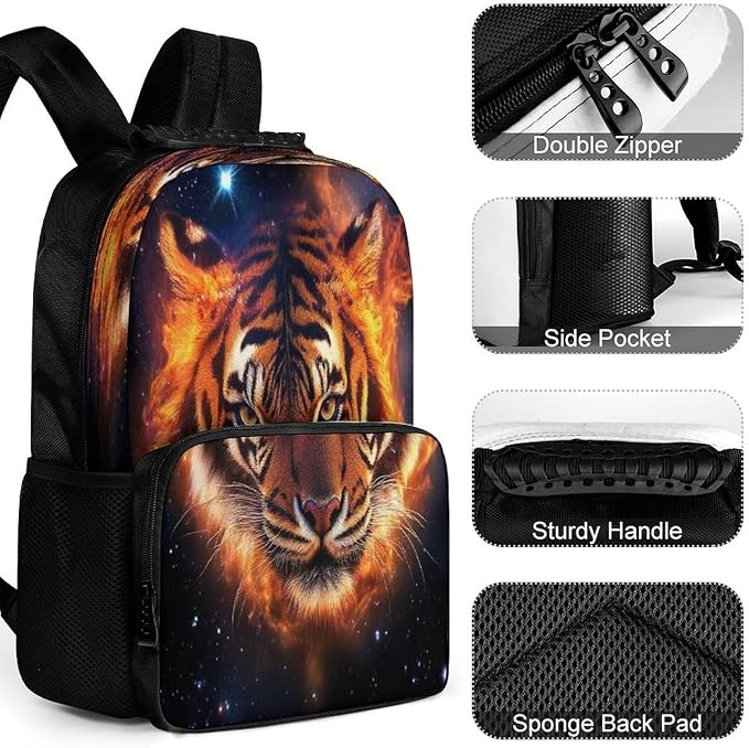 Polyester Daypack Backpack for Trekking Picnic Walking Cycling, Large Capacity Anti-Theft Multipurpose Shoulder Bag, Space Fire Flame Animal King Wild Angry Tiger Casual Daypack