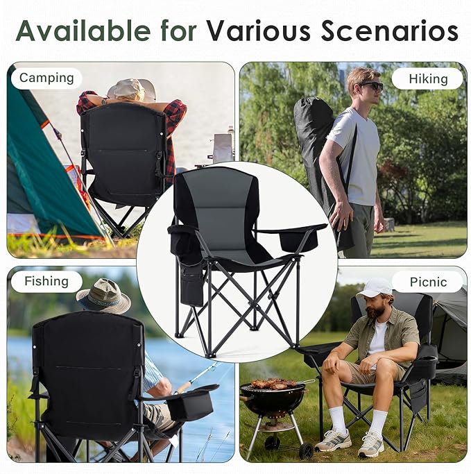 Homcosan Heated Camping Chair for Adults, Portable Outdoor Chairs with 3 Heat Levels, Oversized Foldable Lawn Chairs Without Power Bank, Perfect for Camping, Outdoor Sports, Picnics, Fishing (Grey)