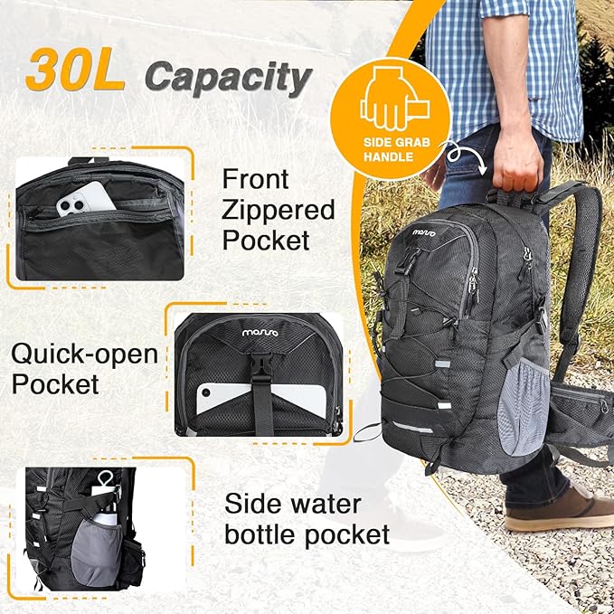 MOSISO 30L Lightweight Hiking Daypack Packable Backpack for Men Women, Casual Foldable Day Pack Shoulder Bag with 2 Front Pocket&Elastic Cord Strap for Travel Outdoor Camping, Black