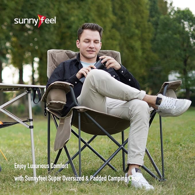 SUNNYFEEL XXL Oversized Camping Chair Heavy Duty 500 LBS for Big Tall People Above 6'4 Padded Portable Folding Sports Lawn Chairs with Armrest Cup Holder & Pocket for Outdoor/Travel/Picnic/Camp