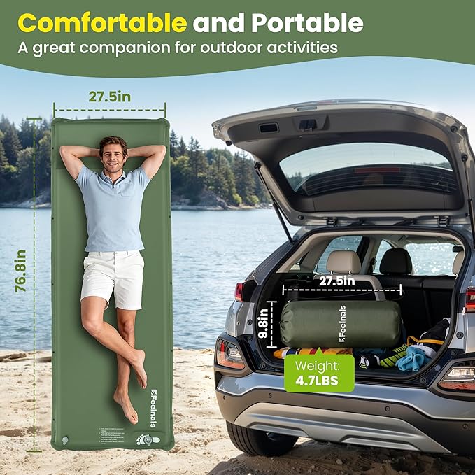 Camping Sleeping Pad, Built-in Foot Pump Inflatable Sleeping Pads, Memory Foam Mattress with Pillow, 4 Season Camping Mattress Pad, Camping Essentials Gear for Tent, Car, Hiking - Green