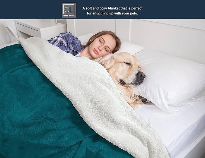 Comfort Lab Reversible Flannel Sherpa Blanket - Elegant Fluffy Bed Blankets for Bedroom and Home Decor - Anti Pilling Non Shedding Cozy & Warm Fleece Cover - Twin/Twin XL (66" x 90") - Teal