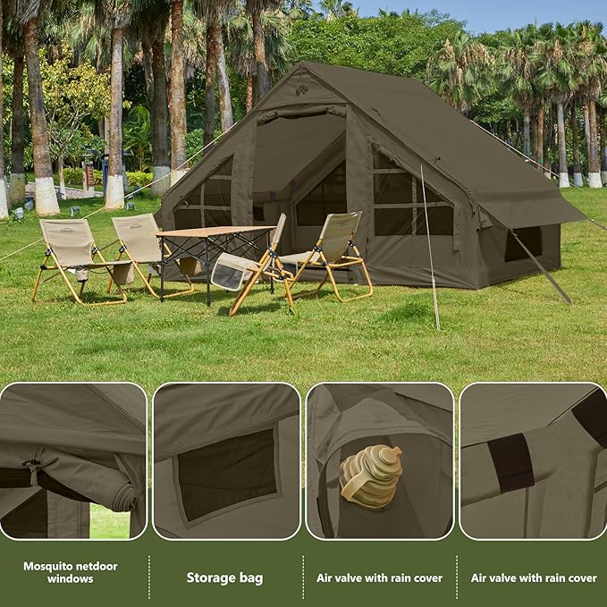 Inflatable Tents for Camping with Stove Jack, 2/4/6/8 Person Easy Setup Blow Up Tents for 4 Seasons Waterproof Inflatable Camping Tent with Awning, Air House Glamping Tents for Camping Adult