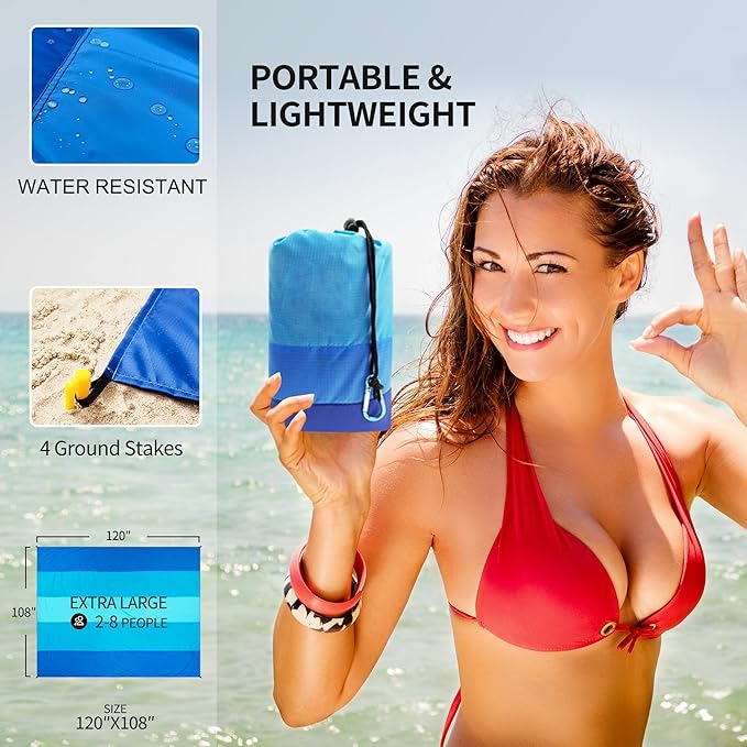 Beach Blanket, Sandproof Beach Mat, Waterproof Quick Drying Lightweight Outdoor Aztec Picnic Mat 79" X 83"/120"x108" for 2-8 Adults for Travel, Camping, Hiking