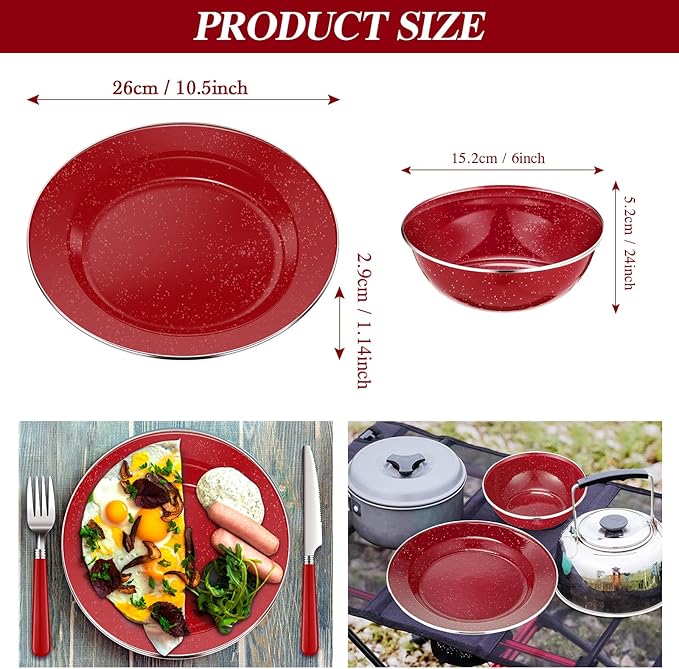 Nuogo 12 Pcs Enamel Camping Tableware Set Dinnerware Kit Includes 12 oz Coffee Mugs Camping Plates Bowls and Utensils Set with Knife Fork Spoon for 2 People Hiking Picnic Outdoor