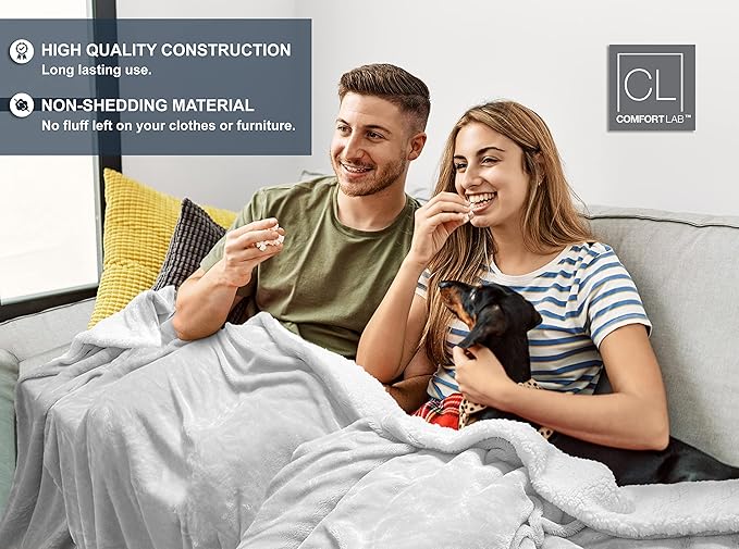 Comfort Lab Reversible Flannel Sherpa Throw Blanket - Elegant Fluffy Throw Blankets for Couch and Home Decor - Anti Pilling Non Shedding Cozy & Warm Fleece Throws - Oversize Throw (60" x 70") - White