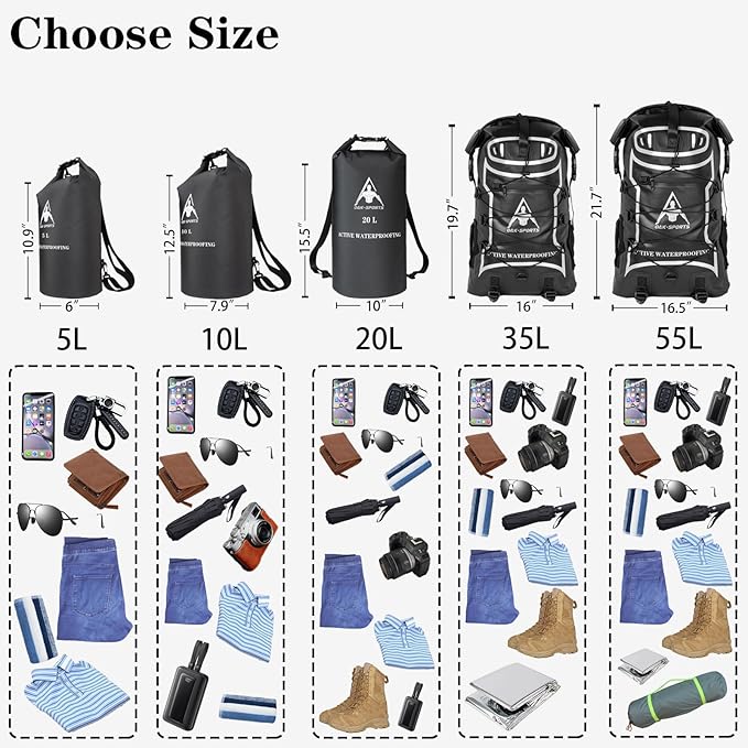 Oak-Sports Dry Bag Waterproof Backpack 5L/10L/20L, Roll Top Lightweight Beach Bag with Double Zipper Seal for Swimming, Kayaking, Hiking, Boating, Adjustable Shoulder Strap