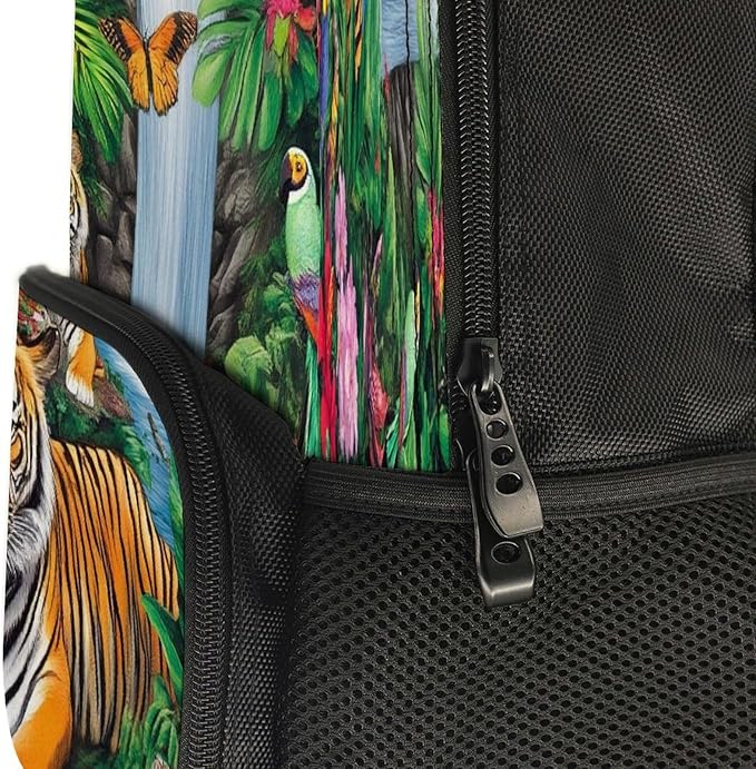 Women Men Polyester Tropical Jungle Parrot Birds Tiger Art Casual Daypack Large Capacity Bookbag With Side Pockets for Sports Picnic Walking Cycling