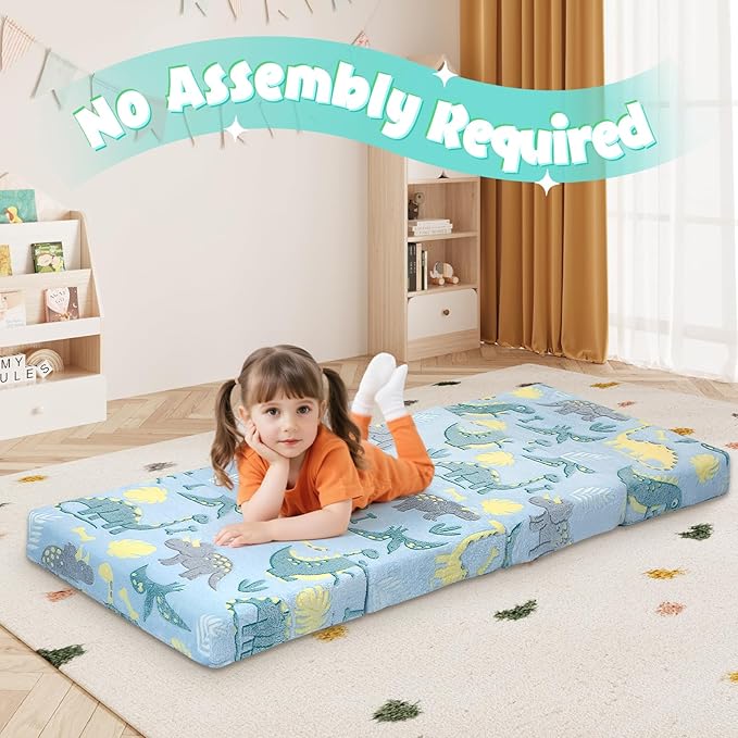 MeMoreCool Foldable Floor Mattress for Kids, Glow Dinosaur Trifold Mat, Kids Folding Mattress Portable Futon, Blue