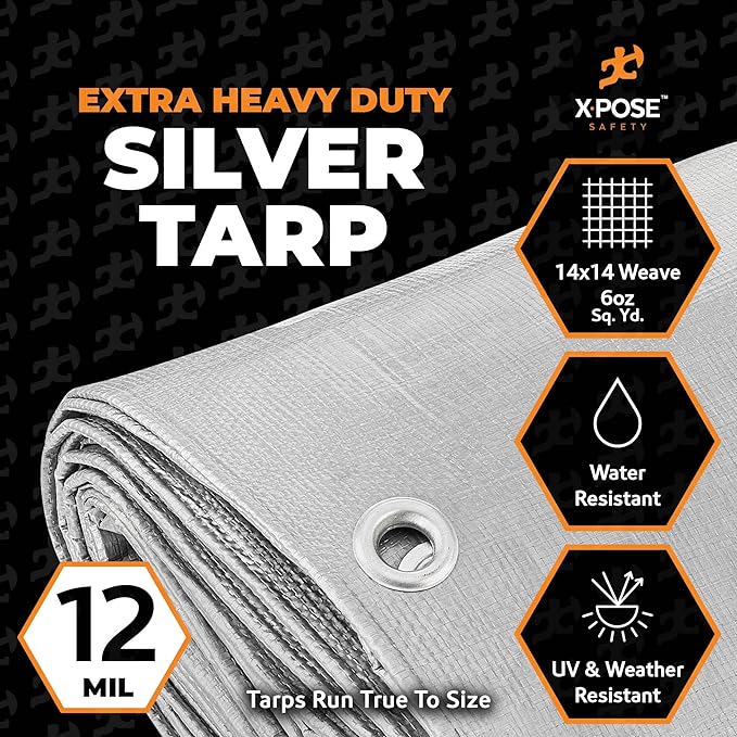 Heavy Duty Silver Poly Tarp 7' X 40' - Multipurpose Protective Cover - Durable, Waterproof, Weather Proof, Rip and Tear Resistant - Extra Thick 12 Mil Polyethylene - by Xpose Safety
