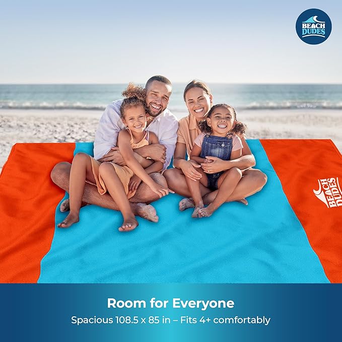 Sandproof Waterproof Beach Blanket Extra Large 108"x 84", Mat for Family, Quick Dry Ripstop Nylon Lightweight, Compact for Travel, Picnic, Camping w/ 4 Anchor Stakes and Carry Bag