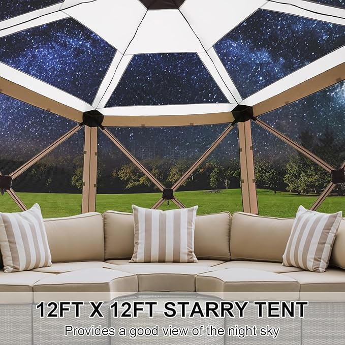 COBIZI 12x12FT Pop Up Gazebo Screen Tent Screen House for Camping, Screen Room with Mosquito Netting, Hub Tent Instant Screened Canopy with Carrying Bag and Ground Stakes,Khaki