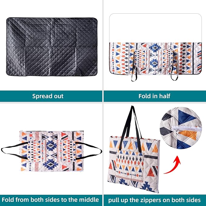 Outdoor Packable Picnic Blanket with Zipper Folds into Tote Bag with Large Storage and Shoulder Strap, Waterproof Sandproof for Lawn Beach Hiking Camping (colorful2, Small)