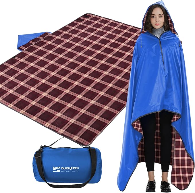 DUKUSEEK Waterproof Stadium Blanket with Hood, Wine Red Plain Waterproof Outdoor Blankets