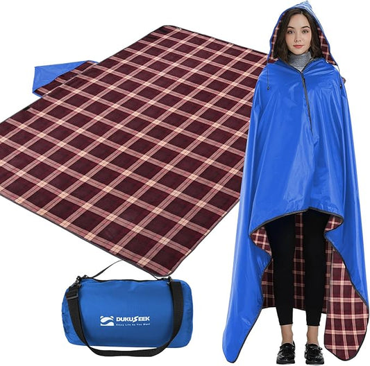 DUKUSEEK Waterproof Stadium Blanket with Hood, Wine Red Plain Waterproof Outdoor Blankets