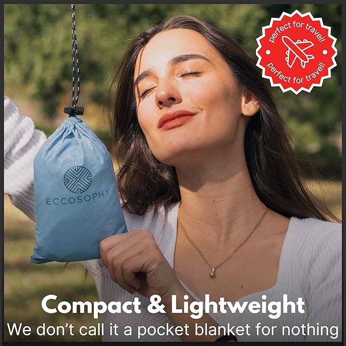 ECCOSOPHY Sand Proof Beach Blanket - Waterproof Picnic Blanket 60x55-Outdoor Compact Pocket Blanket-Lightweight Ground Cover for Hiking, Camping, Festivals, Sports, Travel-with Bag & Stakes (Denim)